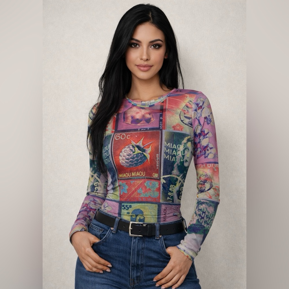 MIAOU NWOT Vibrant Stamp Graphic Sheer Mesh LS Top Size M